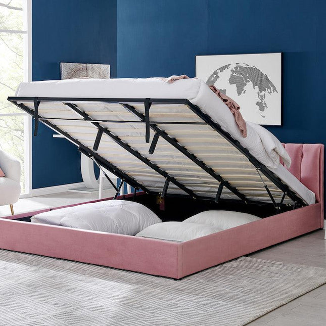 Pink Velvet Plush Ottoman Storage Bed Frame - Double or Super King-Bargainia.com