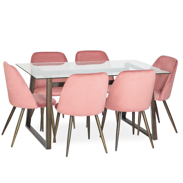 6 Seater Dining Table and 6 Chairs Set - Rose Pink-Bargainia.com