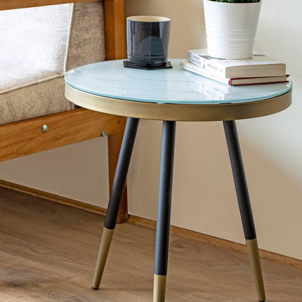 Marble Effect Side Table With Wooden Legs - 45 x 50cm-5056536100733-Bargainia.com
