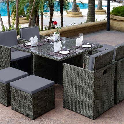 Duomo Rattan Cube Garden Furniture 8 Seater Table & Chairs Set With Rain Cover
