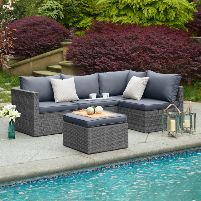 Forli 6 Seater Rattan Corner Sofa & Footstool Garden Furniture Set With Rain Cover Bargainia