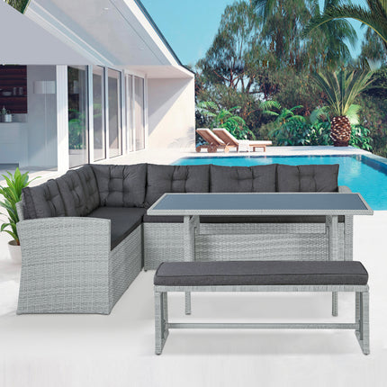 8 Seater Rattan Corner Garden Sofa, Bench & Dining Table Set-5056150285236-Bargainia.com