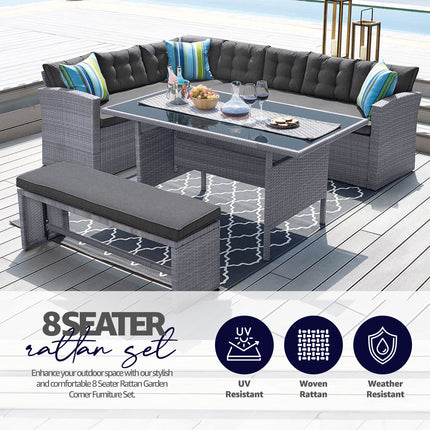 8 Seater Rattan Corner Garden Sofa, Bench & Dining Table Set-5056150285236-Bargainia.com