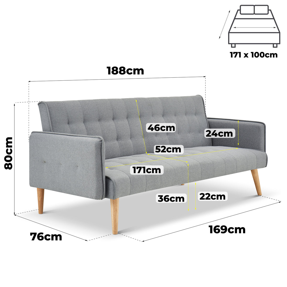 Canapé-lit double 3 places Mario Click Clack - Gris