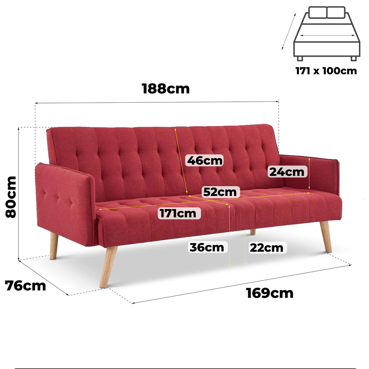 Mario Red Click Clack Sofa Bed, 3 Seater Linen Blend Settee with Guest Bed and Slanted Wooden Legs