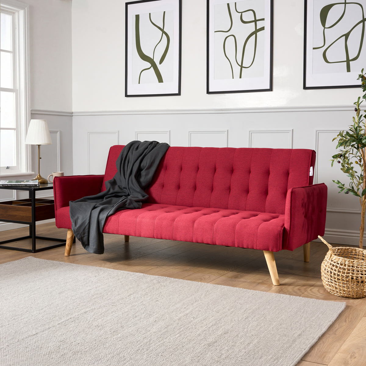 Mario Red Click Clack Sofa Bed, 3 Seater Linen Blend Settee with Guest Bed and Slanted Wooden Legs