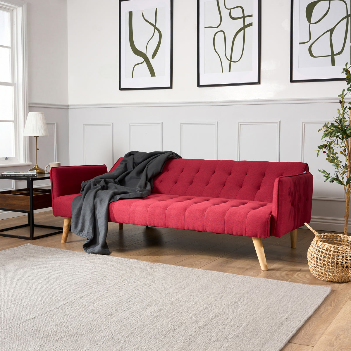 Mario Red Click Clack Sofa Bed, 3 Seater Linen Blend Settee with Guest Bed and Slanted Wooden Legs