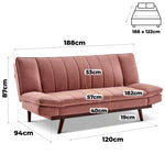 Mondaine Rose Gold Velvet Sofa Bed, 3 Seater Click Clack Double Bed 188 x 112cm with Wooden Legs, Seats 3 Sleeps 2
