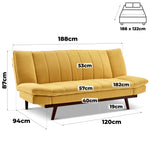 Mondaine Mustard Yellow Velvet Sofa Bed, 3 Seater Click Clack Double Bed 188 x 112cm with Wooden Legs, Seats 3 Sleeps 2