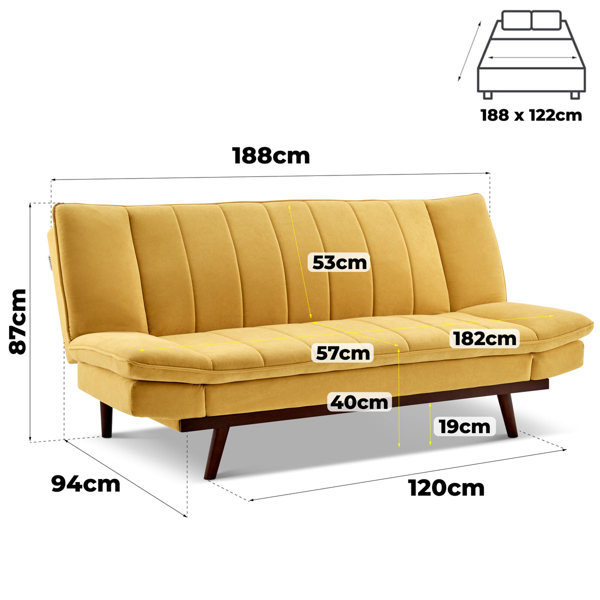 Mondaine Mustard Yellow Velvet Sofa Bed, 3 Seater Click Clack Double Bed 188 x 112cm with Wooden Legs, Seats 3 Sleeps 2