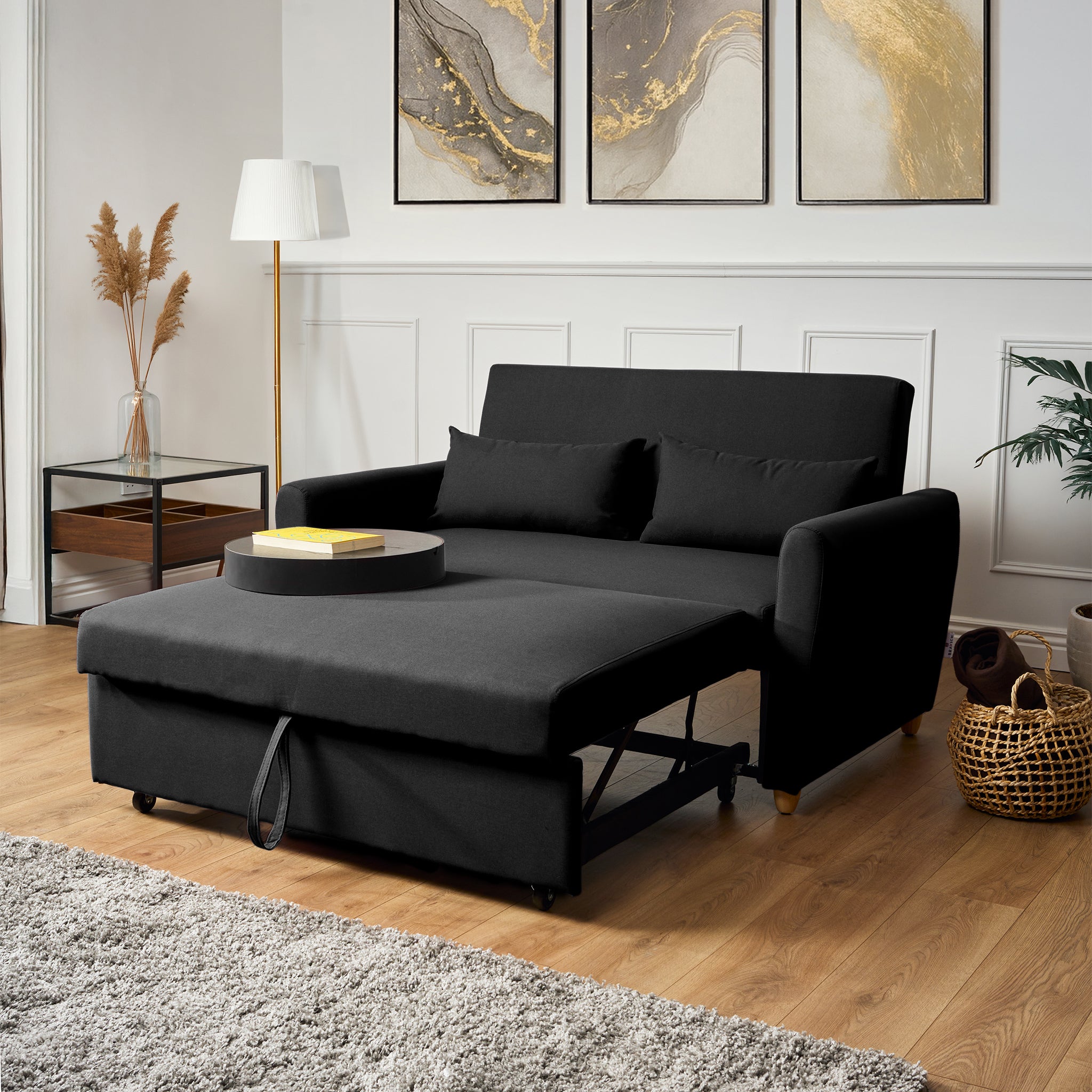 Dahlia Black Pull Out Sofa Bed, 2 Seater Linen Blend Double Guest Bed with Wooden Legs and 2 Cushions