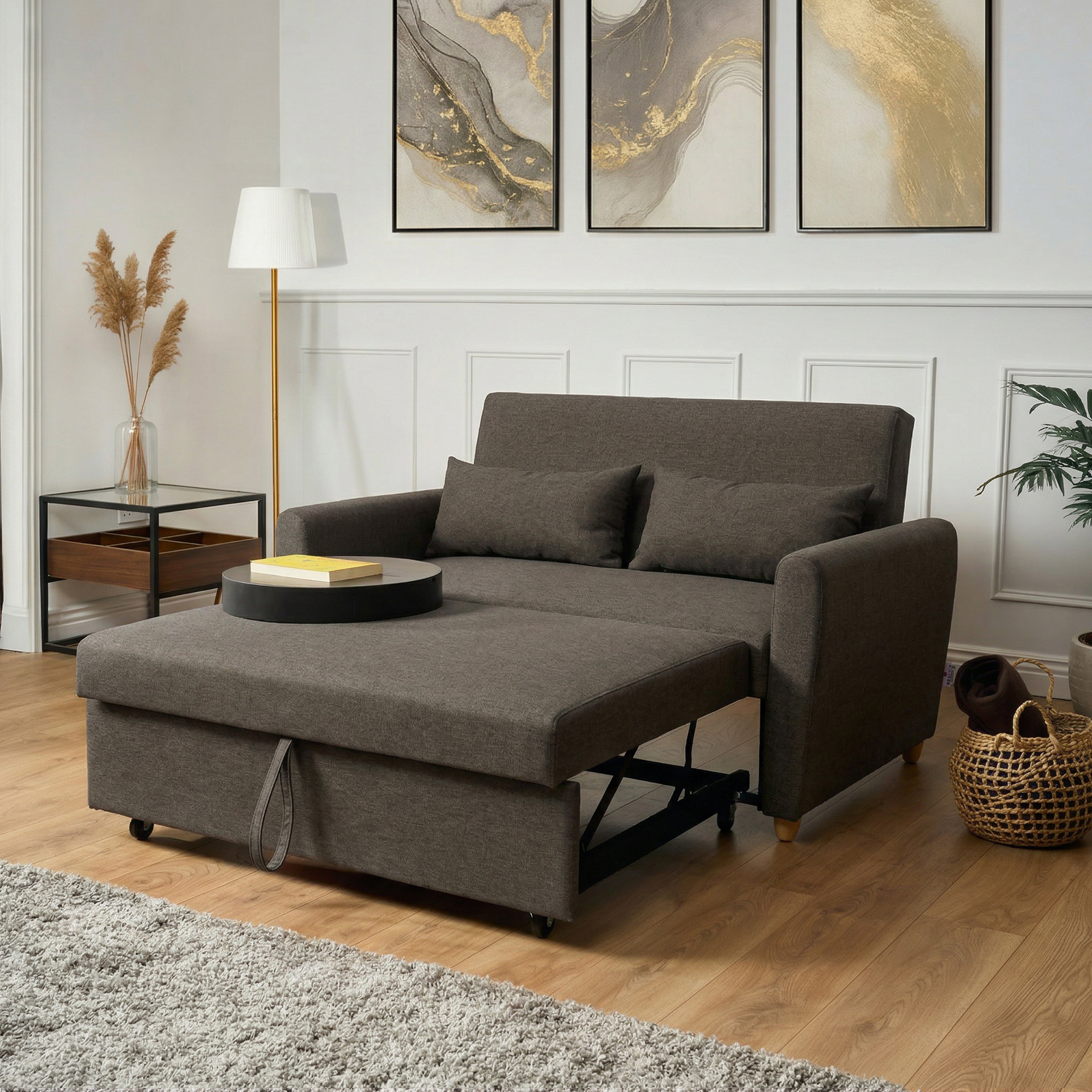 Chocolate Brown Sofa Bed, Dahlia 2 Seater Pull Out Sofa Bed, Linen Blend Sleeper Sofa with Double Sleeping Area
