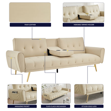 Lora Sofa Bed 3 Seater Faux Leather Click Clack with 2 Cup Holders - Beige