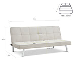 Britney Beige Click Clack Sofa Bed, 3 Seater Linen Blend Fabric Settee, Converts to Double Bed, Chrome Legs