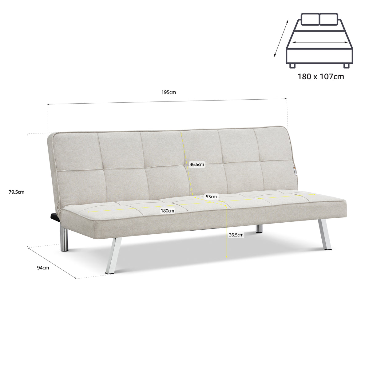 Britney Beige Click Clack Sofa Bed, 3 Seater Linen Blend Fabric Settee, Converts to Double Bed, Chrome Legs
