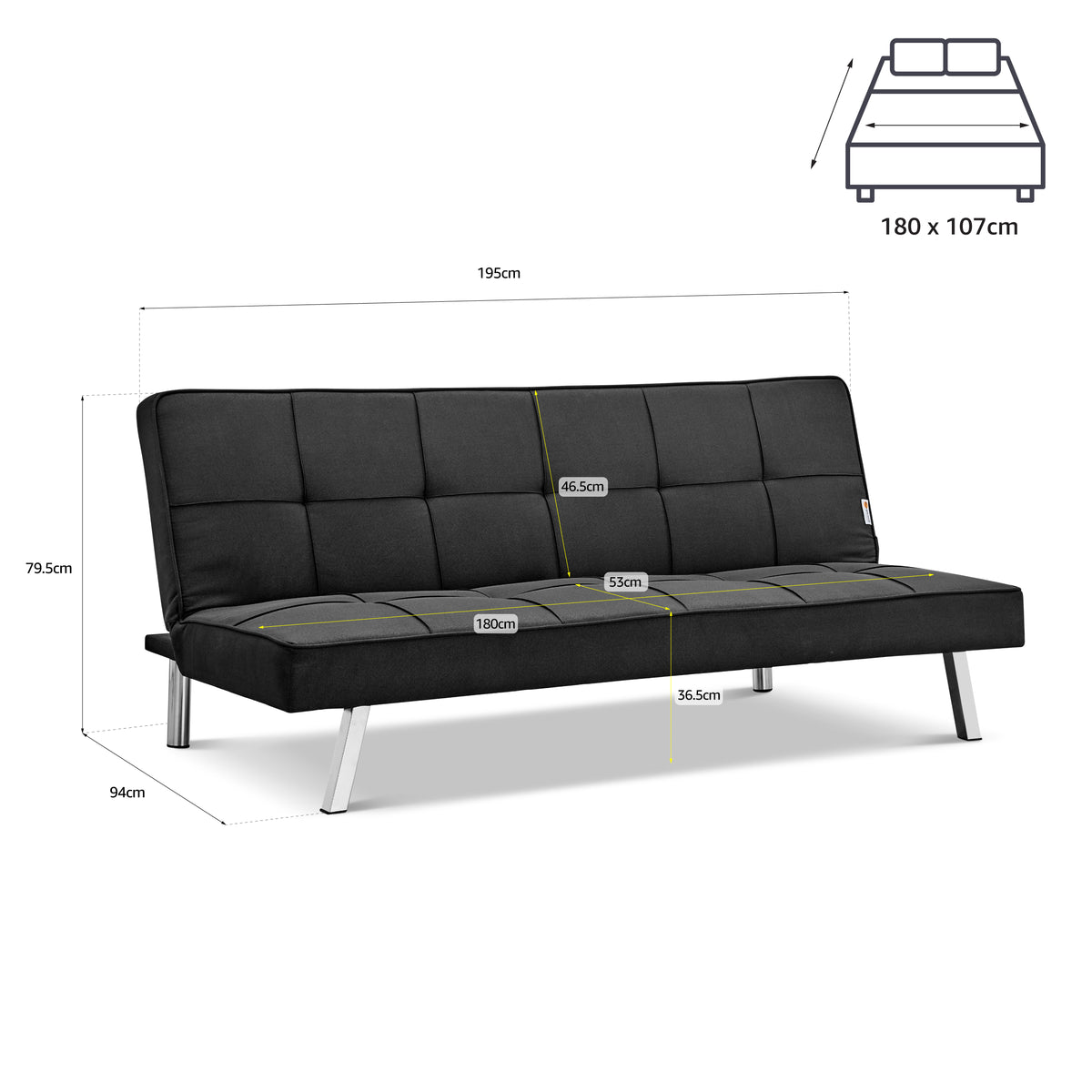 Britney Black Click Clack Sofa Bed, 3 Seater Linen Blend Fabric Settee, Converts to Double Bed, Chrome Legs
