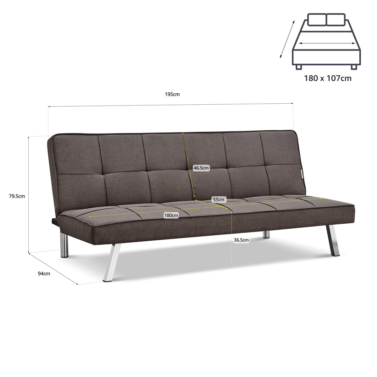 Britney Brown Click Clack Sofa Bed, 3 Seater Linen Blend Fabric Settee, Converts to Double Bed, Chrome Legs