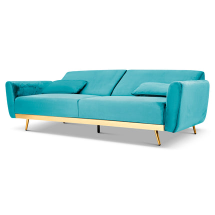 Libbie 3 Seater Blue Velvet Sofa Bed with Gold Detail