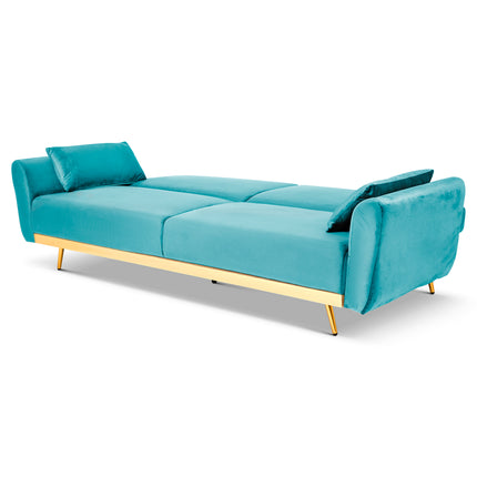 Libbie 3 Seater Blue Velvet Sofa Bed with Gold Detail