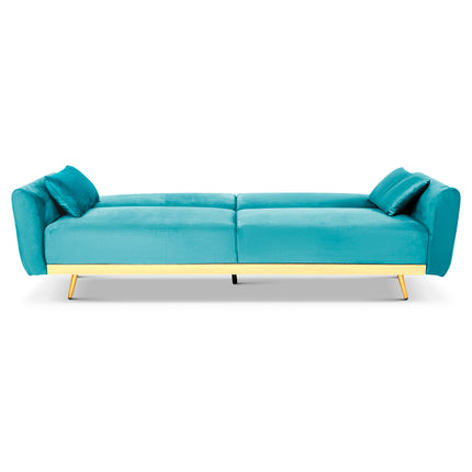 Libbie 3 Seater Blue Velvet Sofa Bed with Gold Detail