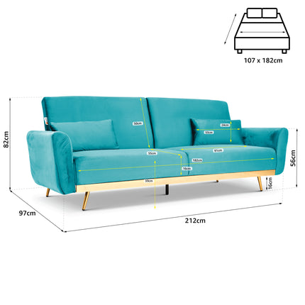 Libbie 3 Seater Blue Velvet Sofa Bed with Gold Detail