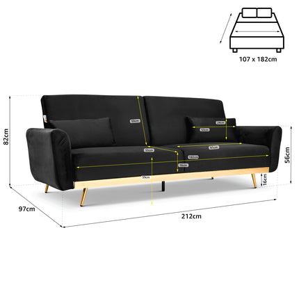 Libbie 3 Seater Black Velvet Sofa Bed with Gold Detail