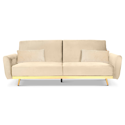 Libbie 3 Seater Cream Velvet Sofa Bed with Gold Detail