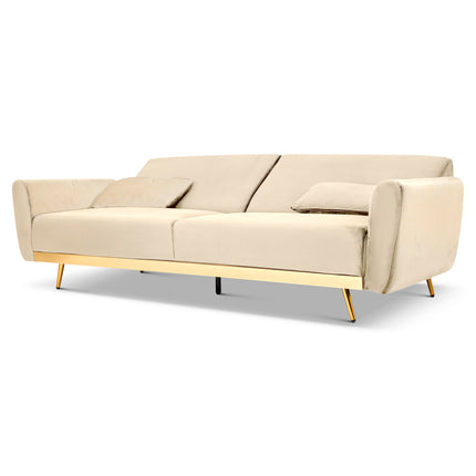 Libbie 3 Seater Cream Velvet Sofa Bed with Gold Detail