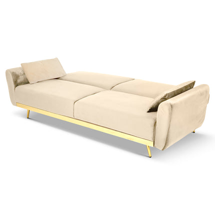 Libbie 3 Seater Cream Velvet Sofa Bed with Gold Detail