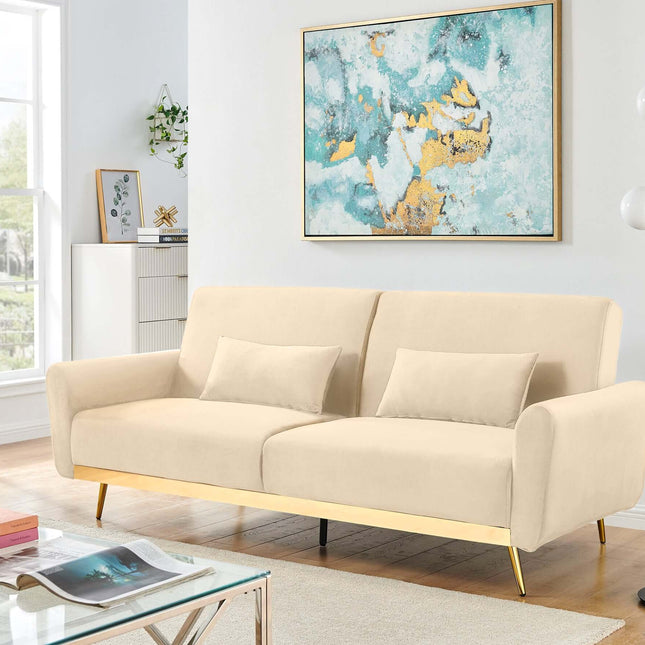 Libbie 3 Seater Cream Velvet Sofa Bed with Gold Detail