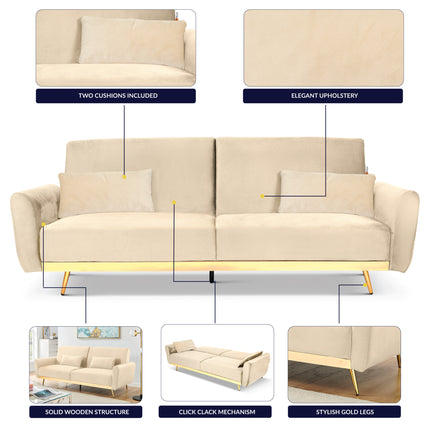 Libbie 3 Seater Cream Velvet Sofa Bed with Gold Detail