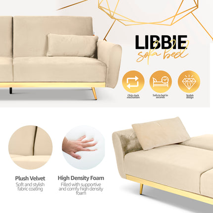 Libbie 3 Seater Cream Velvet Sofa Bed with Gold Detail