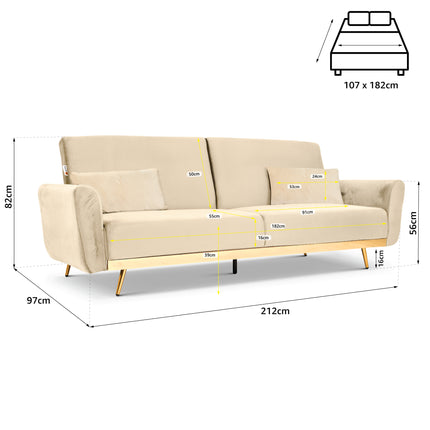 Libbie 3 Seater Cream Velvet Sofa Bed with Gold Detail