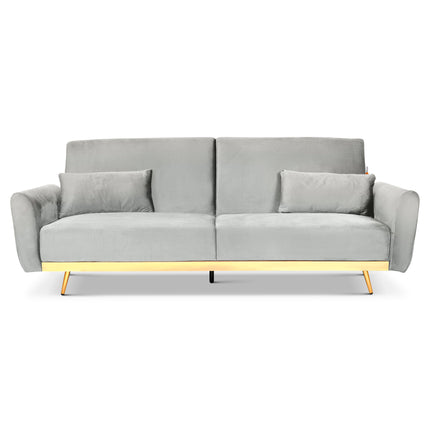 Libbie 3 Seater Light Grey Velvet Sofa Bed with Gold Detail