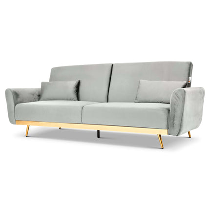 Libbie 3 Seater Light Grey Velvet Sofa Bed with Gold Detail