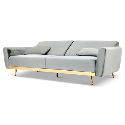 Libbie 3 Seater Light Grey Velvet Sofa Bed with Gold Detail