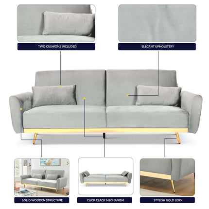 Libbie 3 Seater Light Grey Velvet Sofa Bed with Gold Detail