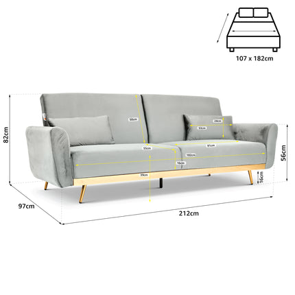 Libbie 3 Seater Light Grey Velvet Sofa Bed with Gold Detail