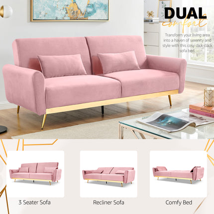 Libbie 3 Seater Pink Velvet Sofa Bed with Gold Detail