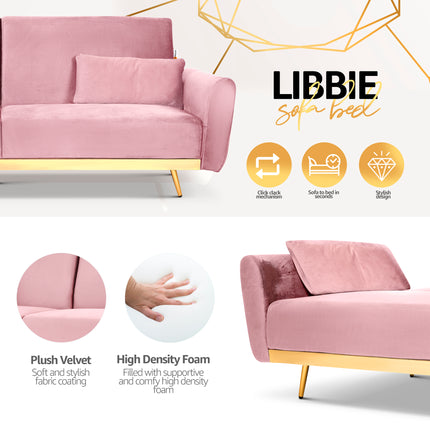 Libbie 3 Seater Pink Velvet Sofa Bed with Gold Detail