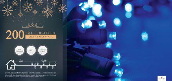 Indoor/Outdoor Static LED Waterproof Fairy Lights with Green Cable (200) - Blue-8800225806829-Bargainia.com