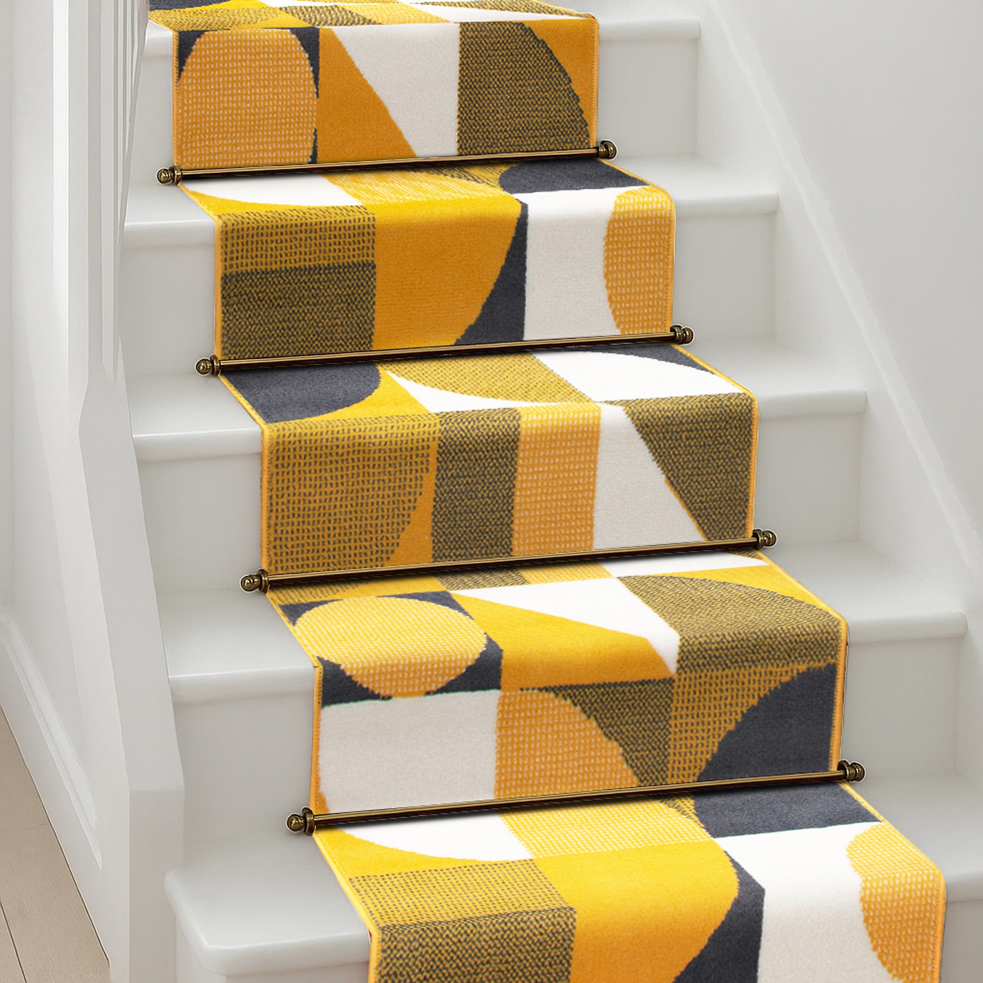 Texas Art Deco Stair Runner, Mustard, Navy and White Geometric Hessian Backed Hallway Runner, Custom Length