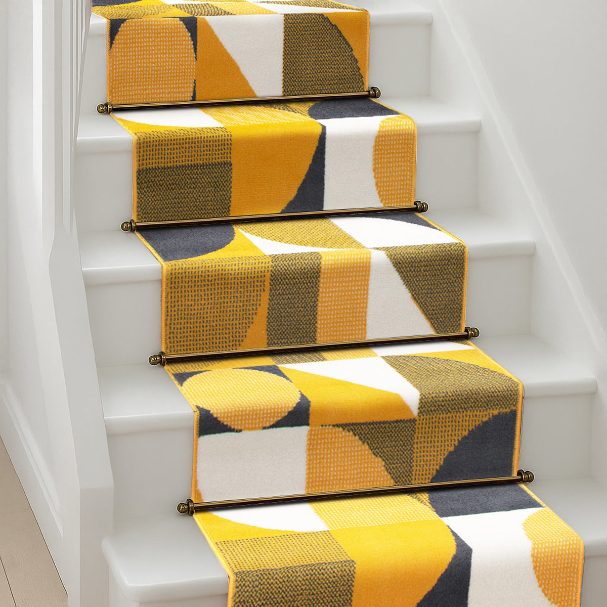 Texas Art Deco Stair Runner, Mustard, Navy and White Geometric Hessian Backed Hallway Runner, Custom Length