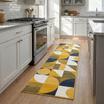 Texas Art Deco Stair Runner, Mustard, Navy and White Geometric Hessian Backed Hallway Runner, Custom Length