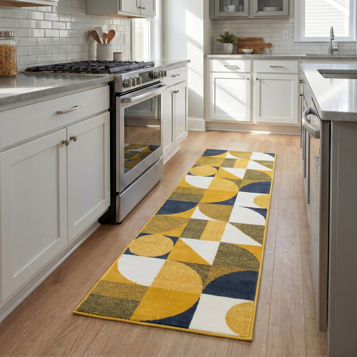 Texas Art Deco Stair Runner, Mustard, Navy and White Geometric Hessian Backed Hallway Runner, Custom Length
