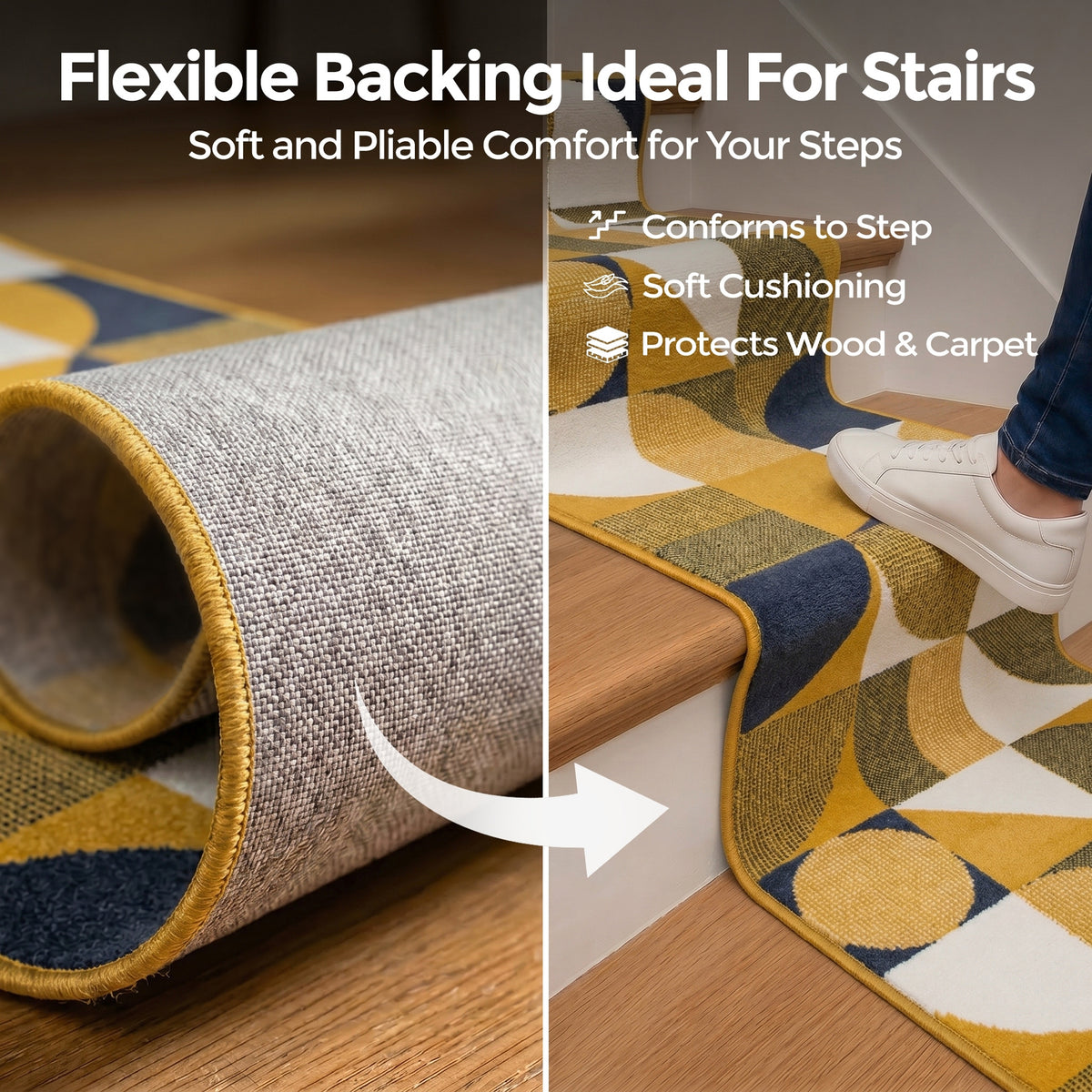 Texas Art Deco Stair Runner, Mustard, Navy and White Geometric Hessian Backed Hallway Runner, Custom Length