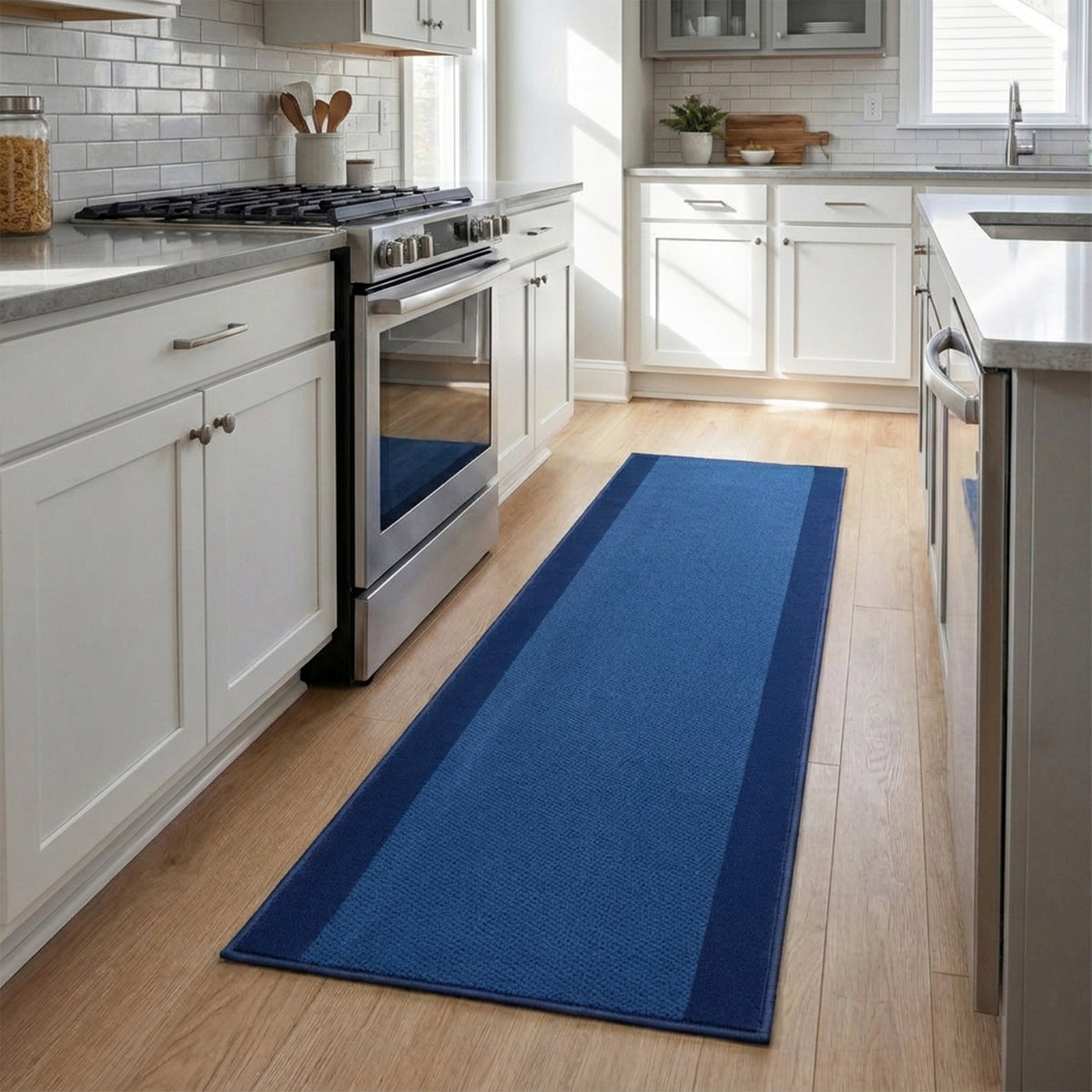 Texas Navy Border Stair Runner, Hessian Backed Blue Hallway Carpet Runner, 60cm Wide, 9mm Low Pile, Custom Lengths