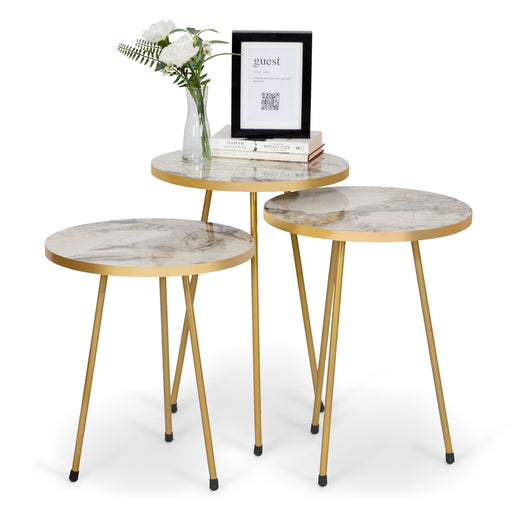 Sleek Set of 3 Round Side Tables - White Marble & Gold-5056536101174-Bargainia.com