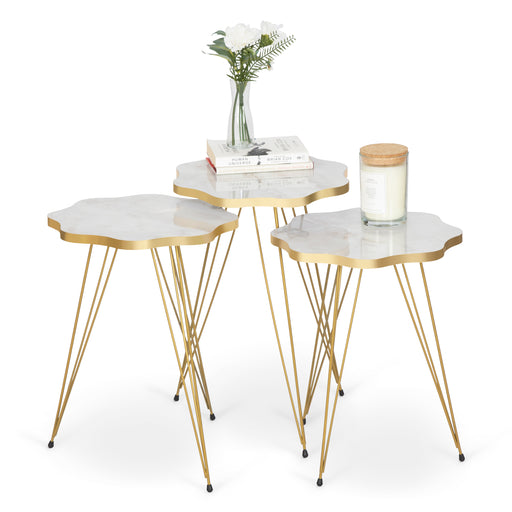 Daisy Set Of 3 Side Tables - White Marble & Gold-5056536101310-Bargainia.com