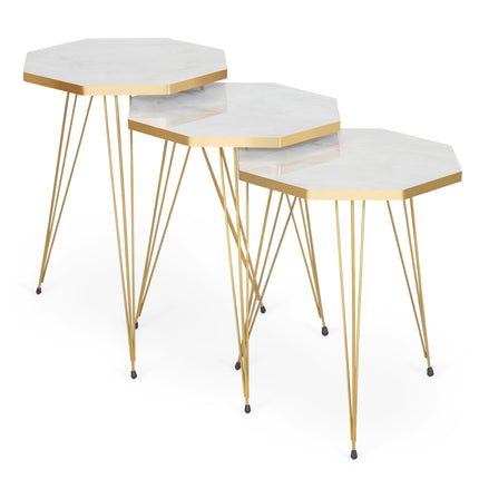Tigris Set of 3 Octagon Side Tables - White & Gold Marble-5056536101327-Bargainia.com